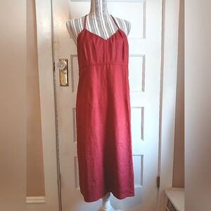 100% Linen Spaghetti Strap Red Dress - M